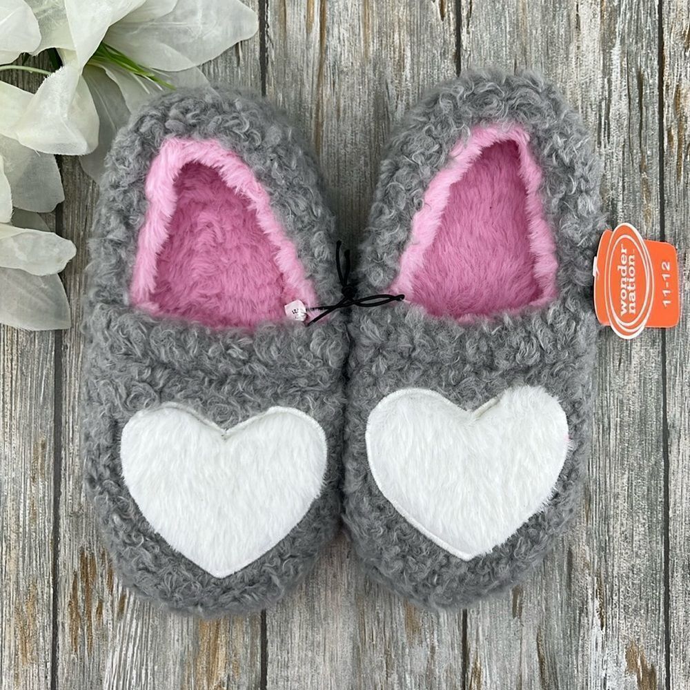 Toddler Girls Sherpa Faux Fur Fuzzy Heart Slippers Shoes Size 11/12